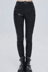 Leggings en cuir élastiques pour femmes avec décoration de boucle métallique collée sur tricot punk noir